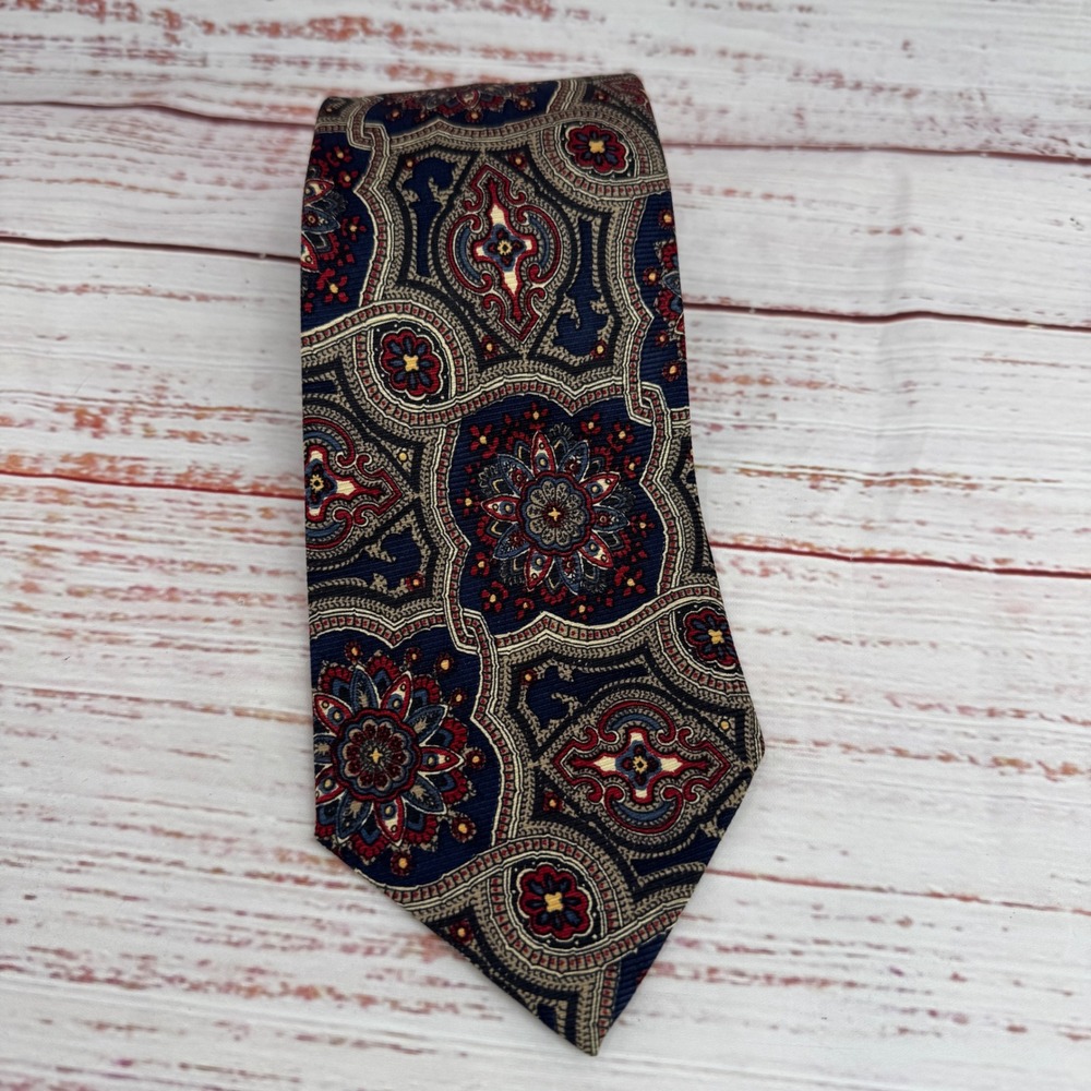 Polo Ralph Lauren Mens Silk Tie Navy Blue Burgundy Medallion Paisley Hand Made